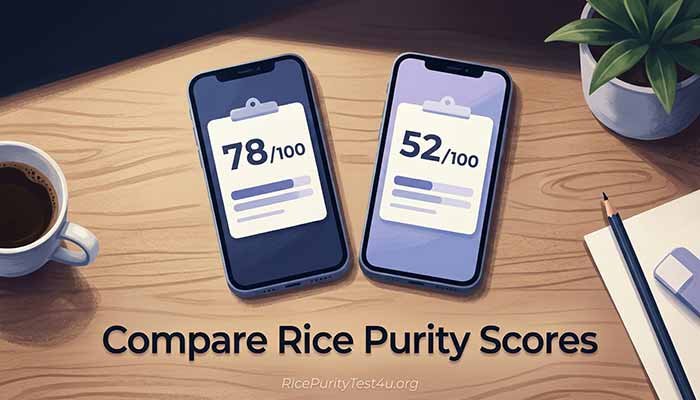 Compare Scores 1 Compare Rice Purity Scores, Two smartphone quiz scores shown side by side for comparison