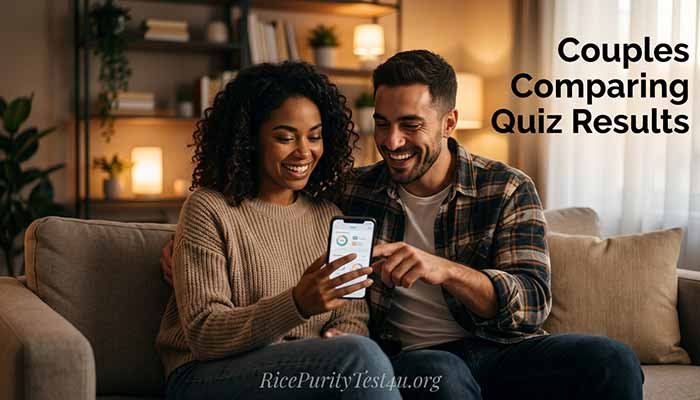 Compare Scores 3 Couple having a relaxed conversation while comparing quiz results