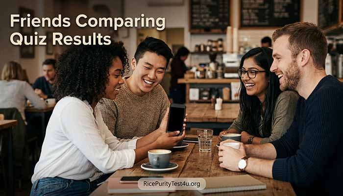 Rice Purity Test Score Meaning 2 Friends Comparing Quiz Results, College friends having a friendly conversation after comparing quiz scores