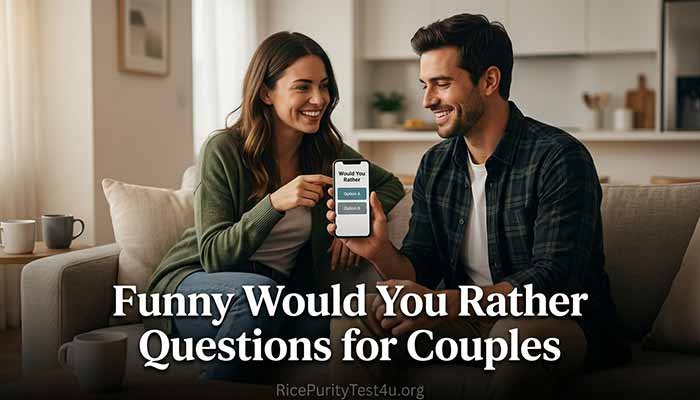 Funny Would You Rather Questions for Couples, Young couple smiling while answering funny Would You Rather questions together.
