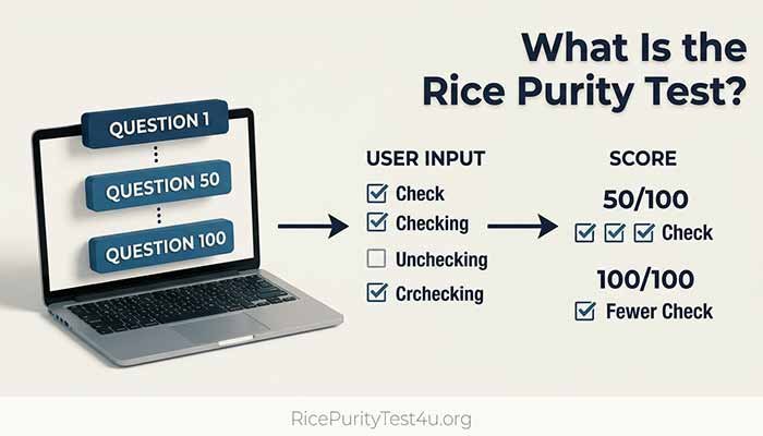 How the Rice Purity Test Works, Illustration showing how answers to 100 Rice Purity Test questions produce a score from 0 to 100.