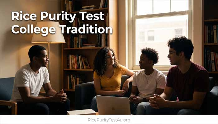 Rice Purity Test College Tradition, College friends taking a Rice Purity Test-style quiz together in a dorm lounge