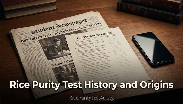 The Rice Purity Test College Tradition Explained 2 Rice Purity Test History and Origins, Illustration showing the evolution of a college purity quiz from a printed questionnaire to an online test