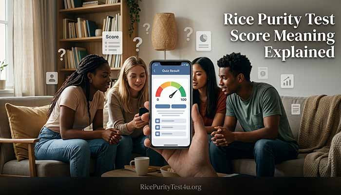 Rice Purity Test Score Meaning Explained, College friends viewing a Rice Purity Test score together on a smartphone.
