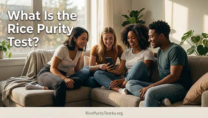 What Is the Rice Purity Test, College friends taking a 100-question Rice Purity Test quiz together on a smartphone.